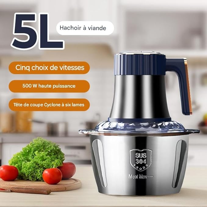 Hachoir à viande électrique,5L Coupe-légumes multifonction en acier inoxydable Avec 6 lames et patins,5 vitesses,Bruit -36 dB,Convient pour la viande, les fruits, les haricots - Nail Gallerys