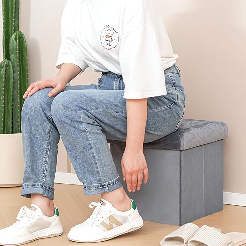 Bonlife Velours Petit Meuble de Rangement Jouet Enfant,Tabouret avec Espace de Rangement Repose Pied Bureau,Tabouret Pliant Pouf Cube 32x32x32cm,Gris - Nail Gallerys
