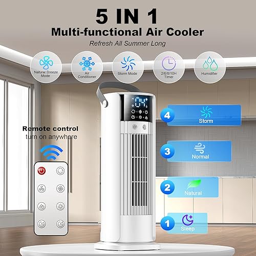 Climatiseur Mobile 5 en 1,Rafraichisseur d'Air Portable 700mL,Mode Tempête,Brise Naturelle 3D,Sommeil,Double Brumisation 10H Minuterie,90° Oscillation pour Chambre et Bureau - Nail Gallerys