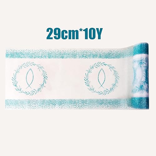 29cm*9m Chemin de Table Tulle Organza Pailleté Motif Guirlande Poisson Décoration Table Chaise Rebord pour Communion Confirmation (Bleu) - Nail Gallerys