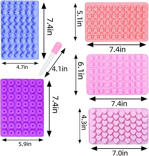 Lot de 5 Moules à Bonbons en Silicone, Moules à Bonbons Gommeux, Beignets, Cœurs, Animaux, Dinosaures, ours et 3 Compte - Gouttes pour Faire des Bonbons Gommeux, des Bonbons et du Chocolat - Nail Gallerys