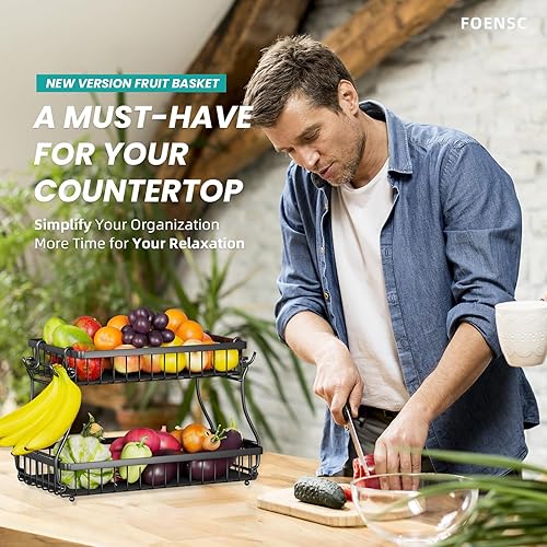 Foensc Corbeille à fruits à 2 niveaux avec 4 crochets de banane, bol à fruits amovible amélioré pour comptoir, panier de rangement en fil métallique de grande capacité, support de fruits pour pain, - Nail Gallerys