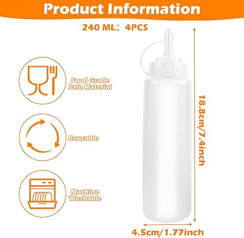 4PCS Bouteille à Condiments,Bouteille à Sauce 8oz,Flacon Sauce avec Capuchon,Presser Les Bouteilles,Flacon Souple Cuisine,Bouteille Sauce pour Pâte de Tomates,Huile d'olive,Sauces,Sirops,Autres épices - Nail Gallerys
