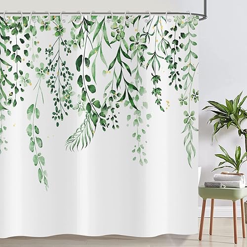 ASDCXZ Rideau de Douche Feuilles 180x180 cm, Simplicité Printemps Feuilles Vertes Rose Fleurs Blanches Lavables Textile Rideau de Bain imperméable pour Baignoire avec 12 Crochets - Nail Gallerys