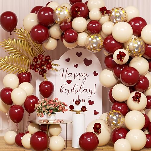 Kit d'arche de ballons bordeaux, 123 ballons rouge vin et blanc avec confettis dorés et blancs, décorations de fête pour mariage, anniversaire de mariage, Saint-Valentin, fête d'anniversaire - Nail Gallerys