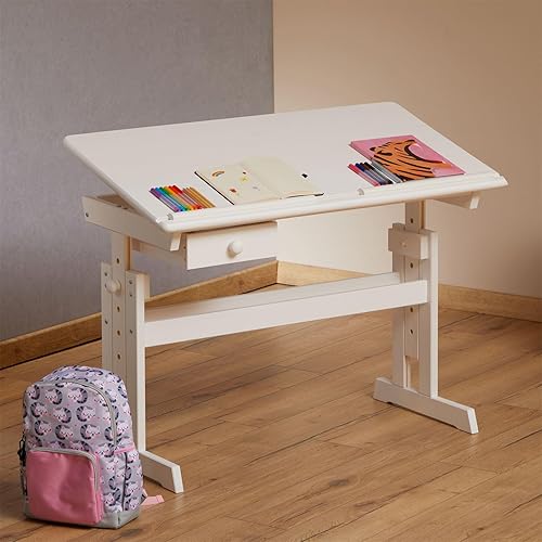 IDIMEX Bureau Enfant écolier Junior Flexi Table à Dessin réglable en Hauteur et pupitre inclinable avec 1 tiroir, Bureau évolutif en pin Massif lasuré Blanc - Nail Gallerys