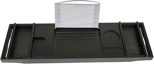 Pont de Baignoire Extensible en Bambou, Plateau Baignoire Expérience de Spa, Support Intégré pour Livre et Tablette, Accessoire Baignoire Stable et Robuste, Extensible 70-105 CM (Noir) - Nail Gallerys