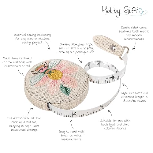 Hobby Gift Mètre ruban rétractable – 150 cm/60' Motif floral brodé abeille double métrique et impérial, housse en tissu polyester, ruban à mesurer de couture compact et portable - Nail Gallerys