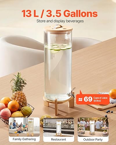 VEVOR Distributeur de Boissons Grande Capacité de 13 L, Fontaine à Eau en Verre, Distribution d’Eau Jus Limonade Thé Glacé, avec Support en Bois et Robinet en Inox, pour Restaurant Café Hôtel Fête - Nail Gallerys