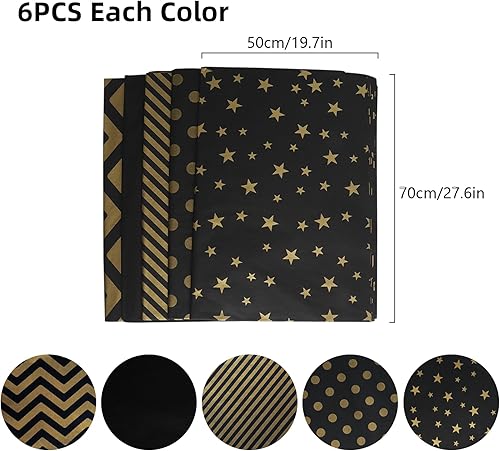 Lot de 30 feuilles de papier de soie noir - 50 × 70 cm - Pour emballage cadeau, remplissage, artisanat, anniversaire, Halloween (5 designs) - Nail Gallerys