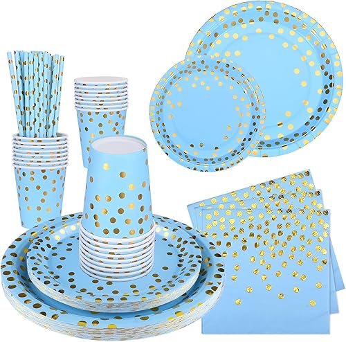 Shodiffy Kit Anniversaire, Assiette Anniversaire Fille Party Decoration Vaisselle 125 Pièces avec Tasse Serviette Papier Assiettes Tasses Serviettes pour 25 Invités (Bleu) (Bleu) - Nail Gallerys