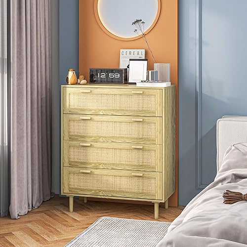 HOMCOM Commode Chambre 4 tiroirs, Meuble de Rangement Style bohème avec façade Tissage en résine tressée, 90 x 45 x 108,5 cm, chêne - Nail Gallerys