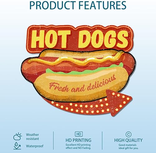 GLOBLELAND Plaque Métallique Vintage ' Hot Dogs ' en Métal Rétro pour la Maison la Cuisine le Restaurant le Café le Club le Bar - Nail Gallerys