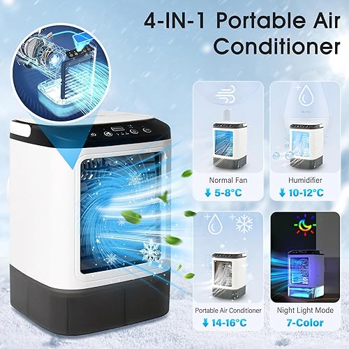 Bwaliffury Climatiseur Mobile 4 en 1, Refroidisseur d'air Portable, Mini Climatiseur Ventilateur, 3 Vitesses& 2 Brumes, 90° Oscillation & 900ML,Climatiseur Mobile Silencieux pour Camping,Bureau,Maison - Nail Gallerys