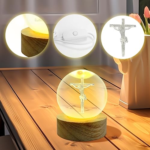 VStoy Boule de cristal 3D Jésus priant et base en bois – Décoration de Noël, Pâques et vendredi saint, alimentée par USB, motif croix de Jésus pour décoration intérieure - Nail Gallerys