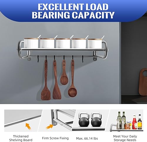 APETX Étagère de four à micro-ondes en acier inoxydable, avec 6 crochets, support mural, charge maximale : 30 kg, pour la cuisine, la maison, les étagères de boulangerie, l'organisateur de cuisine - Nail Gallerys