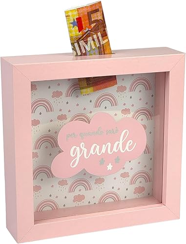 Grande Tirelire en Bois Rose, 16 x 16 cm, Design Arc-en-Ciel et Nuages, pour Fille - Nail Gallerys