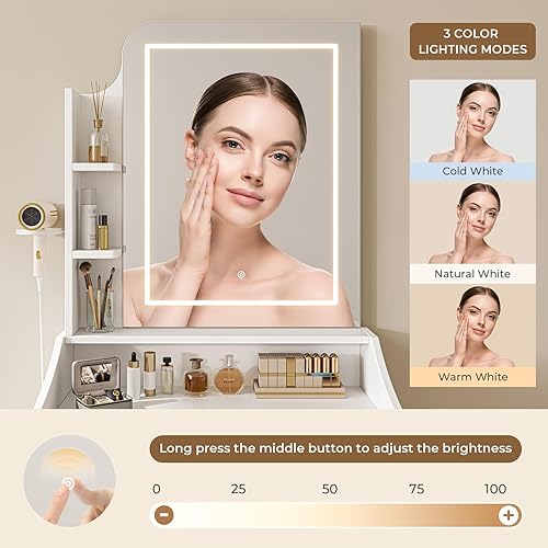 Dripex Coiffeuse Blanc, Table de Maquillage Moderne avec Miroir et Tabouret, 4 Tiroirs, Confortable Tabouret 87 x 40 x 144CM (87x40x144 cm) - Nail Gallerys