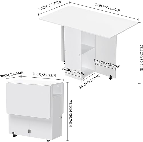 Table à Manger Pliable avec Roulettes, Table Pliante Interieur pour Petits Espaces Desk Cuisine avec Tiroir et Etagères de Rangement, pour Salle à Manger, 110x70x78cm Bureau Pliablede Couleur Mixte - Nail Gallerys
