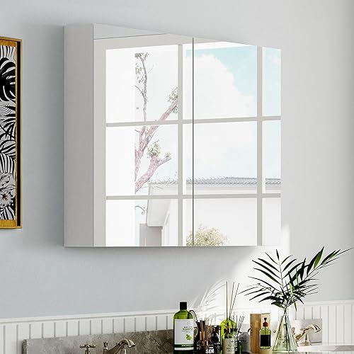 HollyHOME Armoire de salle de bain avec miroir - 90 x 80 x 13 cm - Extra large - Double porte - Fixation murale - Armoire de rangement pour médicaments - Blanc - Nail Gallerys