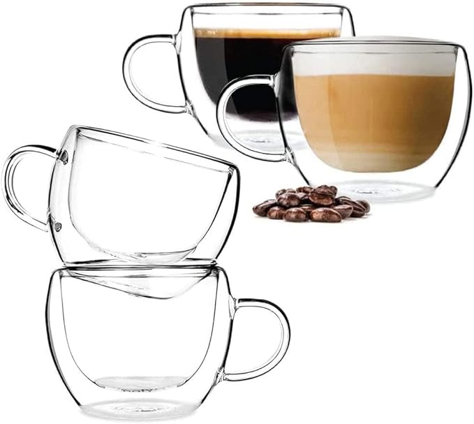 BOQO Lot de 4 tasses à café en verre isotherme à double paroi avec poignée, parfaites pour latte, cappuccino, sachet de thé, jus (240 ml) - Nail Gallerys