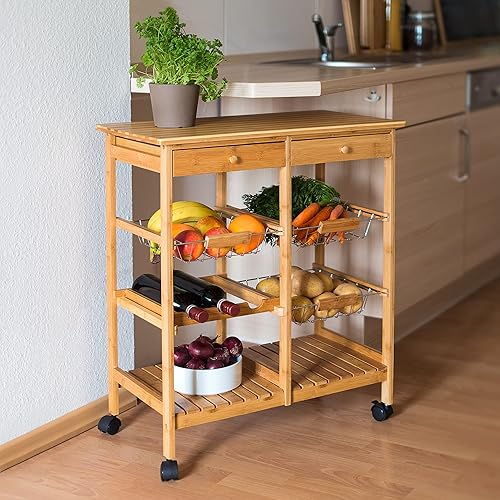 Relaxdays 10019161 Desserte de cuisine JAMES XXL meuble d'appoint îlot chariot de cuisine à roulettes en bambou paniers amovibles HxlxP : 80 x 67 x 37 cm, nature - Nail Gallerys