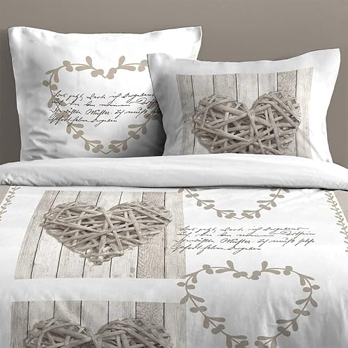 Lovely Casa Housse de Couette Margaux, Coeur Romantique, Marron Clair/Blanc, 2 Personnes, 100% Coton Oeko-Tex (220x240cm) - Nail Gallerys