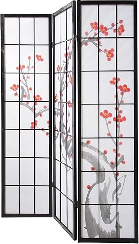 Paravent japonais fleur de cerisier en bois noir de 3 pans, L132 x H175 x P2 cm -PEGANE - Nail Gallerys