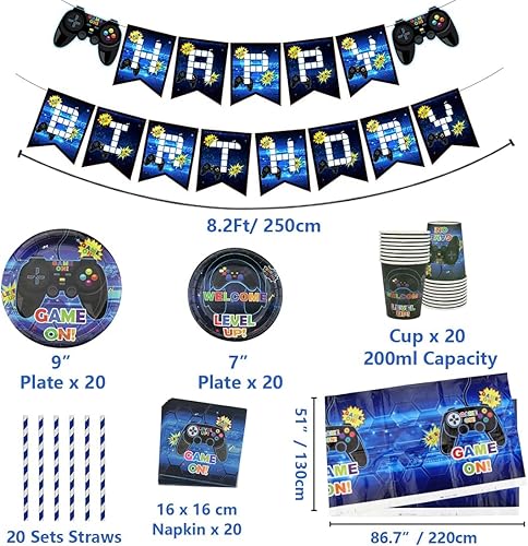Décoration de Fête de Jeu Vidéo pour Garçons et Joueurs, Y Compris Assiettes, Tasses, Serviettes, Nappes (Bleu A) - Nail Gallerys