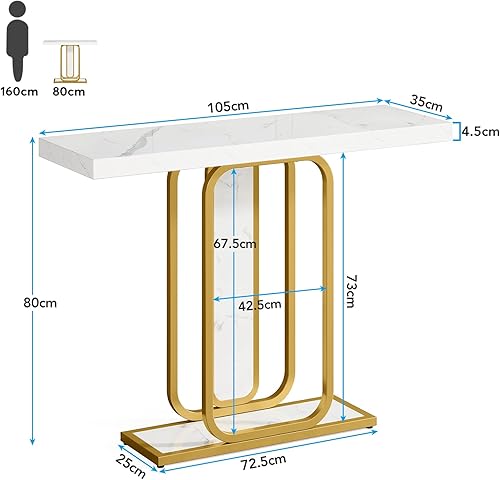 Tribesigns Table Console, Moderne Table d'entrée de 105 cm avec Base géométrique, Imitation marbre Blanc, Table de canapé étroite, Console Meuble pour Salon, entrée, Couloir, Blanc et doré - Nail Gallerys