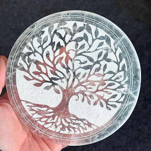 NKlaus Plaque de sélénite ronde de 15 cm avec gravure arbre de vie – Plaque de chargement spirituelle pour l'énergie des pierres précieuses et la méditation, symbole de l'arbre de vie, décoration - Nail Gallerys