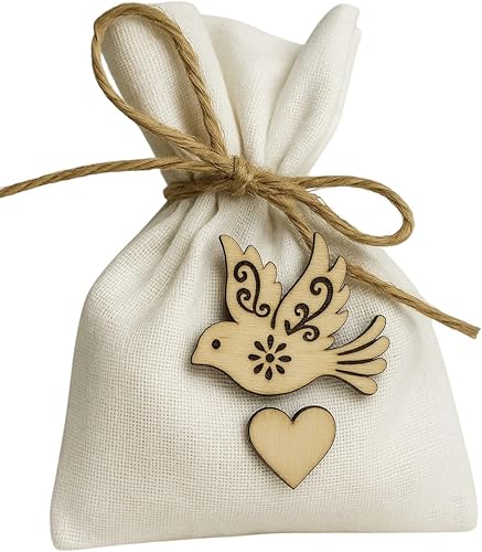 Lot de 25 contenants à Dragées Pochons en Tissu Blanc & Colombe + Ficelle - Sachets à Dragées, Cadeaux Invités Baptême, Communion, Mariage – Bonbons, Souvenirs – Porte Bonheur - Nail Gallerys