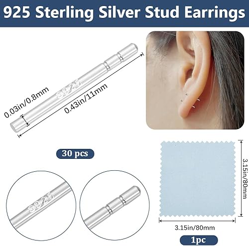 Beebeecraft 1 boîte de 30 pièces de 0.8mm D'Épaisseur à Double Encoche pour Boucles d'oreilles en Argent Sterling 925 tiges à Clous pour Boucles d'oreilles Accessoires pour Piercing d'oreilles - Nail Gallerys