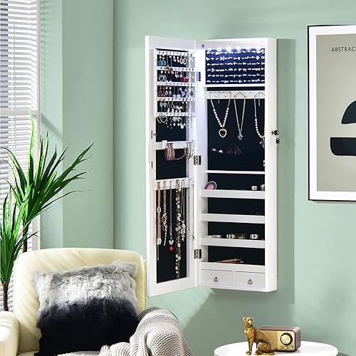 GOPLUS Armoire à Bijoux Murale avec Lumières LED et Miroir, Rangement avec Miroir Plein Longueur sur le Miroir, Autoportante Verrouillable avec Crochet de Collier, avec Serrure et Clés (Blanc) - Nail Gallerys