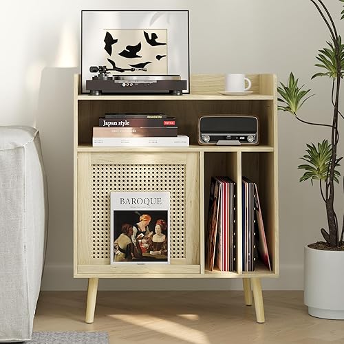 Semiocthome Support de Tourne-Disque avec Rangement pour Vinyle, Table de Tourne-Disque avec Porte d'armoire en rotin, Support de Disque Vinyle avec Zone d'affichage, Table d'appoint avec Pieds en - Nail Gallerys