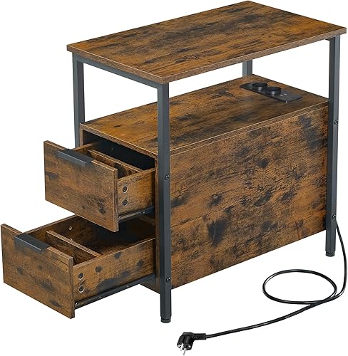 VASAGLE Table d’Appoint avec Multiprise, Petite et Fine avec 2 Tiroirs, Table de Chevet avec Rangement, pour Salon, Chambre, Marron Rustique et Noir d'encre LET325B01 - Nail Gallerys