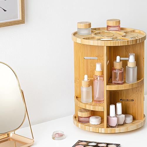 Navaris Organisateur Maquillage Rotatif - Rangement Maquillage Makeup Skincare Produit beauté en Bambou avec séparateurs réglables Salle de Bain - Nail Gallerys