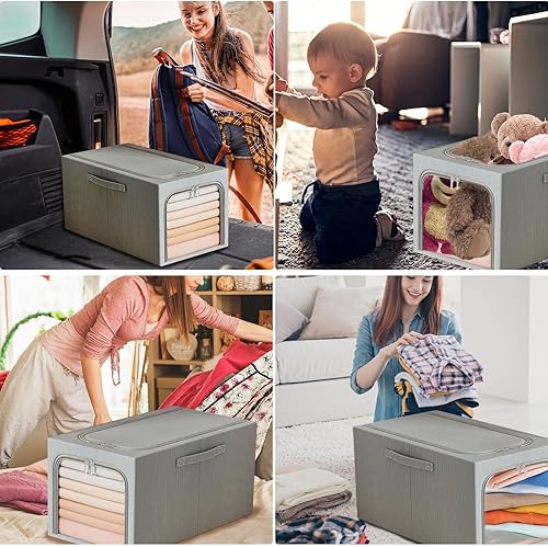 Lnvocn Lot de 3 Sac de Rangement Vetement, Rangement pour Vêtements et Penderie, Couette, Draps - Stable – Sac Rangement Vêtements Pliable avec Cadre Métallique - Boîtes Vêtements Empilables (Gray) - Nail Gallerys