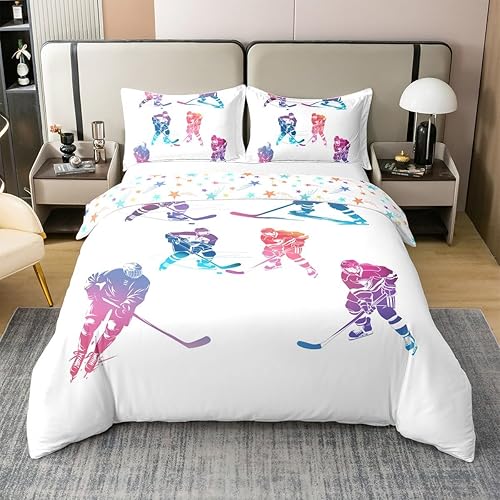 Homemissing Jeux de Sports de Glace 100% Coton Housse de Couette 140x200cm Hockey sur Glace Parure de Lit Hockey sur Glace pour Ensemble de lit Hockey sur Glace Bleu Literie Set décoration de Chambre - Nail Gallerys
