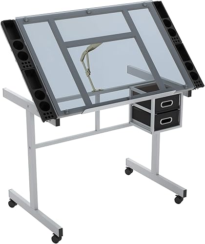 SogesHome Table à Dessin,Hauteur Réglable,avec 2 Tiroirs,pour Beaux-Arts, Cours de Travail, Les Architectes, Ingénierie,104 x 60 x 78,5 cm, Verre Transparent,SH-UT-DT1033-WT - Nail Gallerys