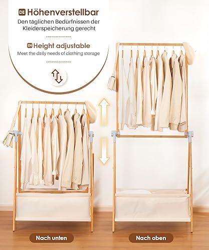 Yorbay Porte-manteau en bambou avec boîte de rangement, cintre réglable à 2 niveaux avec sacs en tissu, porte-vêtements pliable pour ranger les vêtements (naturel) - Nail Gallerys