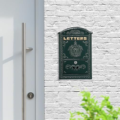 Relaxdays Boite aux Lettres, Design rétro, 2 clés, Jolis détails, H x L x P : 42 x 28 x 10 cm, Vert et doré - Nail Gallerys