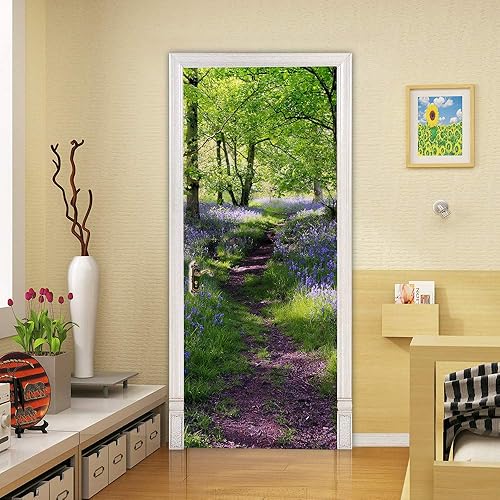 HSKABA Sticker Porte Affiche Autocollante Effet 3D,Poster Trompe l'œil pour Porte,Chemin de Lavande en Forêt,Déco Murale Qualité HD （77x200cm） - Nail Gallerys