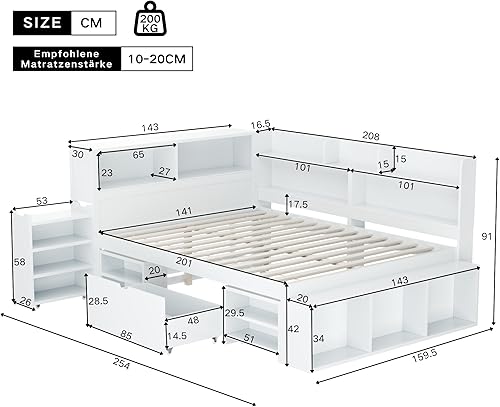 Sapgaks Lit Enfant 140x200 cm avec tiroirs,bibliothèque et Armoire de Rangement,lit Simple,lit avec Rangement,lit 2 Personne,Cadre de lit 140x200 avec sommier à Lattes,Blanc - Nail Gallerys