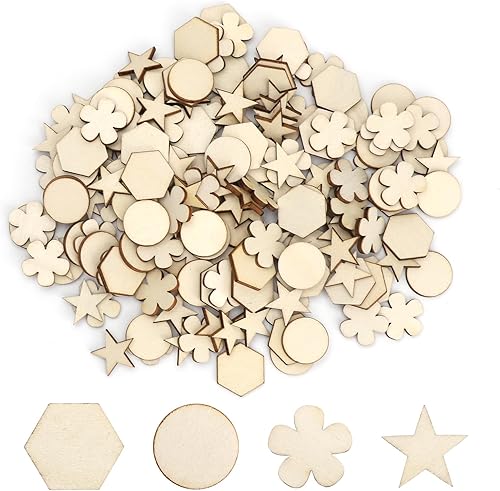 DAWRIS 400 Pièces Rondelles en Bois pour Le Bricolage 4 Formes Cercle, Fleur, Étoile, Hexagone Chaque 100 Pièces, Plaquettes en Bois Rond Rondelles Petit pour Le Bricolage, Décoration de Noël - Nail Gallerys
