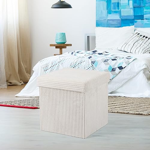 Grand pouf ottoman pliable avec coffre de rangement pour couvertures, jouets, banc en velours côtelé (blanc, 38 cm x 38 cm) - Nail Gallerys