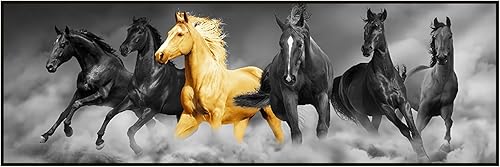 UGZDEA Poster sur toile de cheval, Sept chevaux noirs et dorés, Décoration pour salon et chambre à coucher - Sans cadre(A,40x120cm) - Nail Gallerys