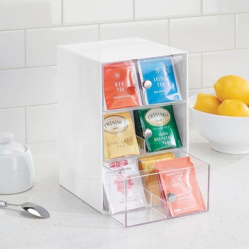 mDesign boite de rangement cuisine en plastique avec 3 tiroirs – casier de rangement pour sachets de thé, tisane, infusion, dosette café, etc. – boite à thé à 18 compartiments – blanc et transparent - Nail Gallerys