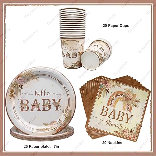Doyomtoy Vaisselle Bohémienne pour Baby Shower 60pz Baby Shower Paper Tableware Set Assiettes en papier Serviettes en papier Gobelets en papier Vaisselle pour la fête de bébé pour 20 invités - Nail Gallerys