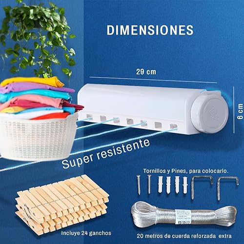 Pack étendoir extensible mural avec 4 cordes de 3,2 m chacune, 24 pinces et 20 m de corde extra renforcée en fil d'acier 3 mm, étendoir rétractable, corde à linge extensible, avec carte QR - Nail Gallerys